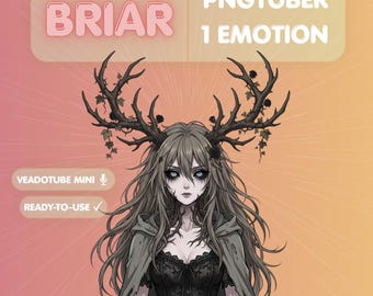 May include: A digital character illustration titled BRIAR PNGTUBER 1 EMOTION. The character has long grey hair, dark eyes, and large black antlers adorned with small roses and leaves. They wear a black lace corset and a grey hooded cloak.
