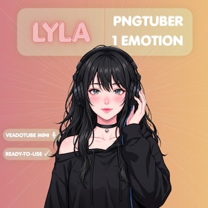 Könnte beinhalten: Digitale Illustration eines Charakters namens Lyla mit langen schwarzen Haaren, die einen schwarzen Kapuzenpullover und Kopfhörer trägt. Das Bild enthält den Text "PNGTUBER 1 EMOTION", "VEADOTUBE MINI" und "READY-TO-USE".