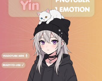Ragazza modella PNGTuber anime, avatar streamer goth con gatto bianco, Veadotube Mini, Vtuber dark accogliente, estetica lunare