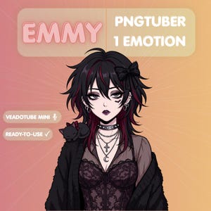 以下が含まれることがあります： EMMY PNGTUBER 1 EMOTION、VEADOTUBE MINI、READY-TO-USEと書かれたアニメ調のキャラクターイラスト。黒髪に赤のハイライト、黒いリボン、スタッズ付きチョーカー、重ね付けしたネックレス、黒いレースのコルセットトップを着用したキャラクターが描かれています。