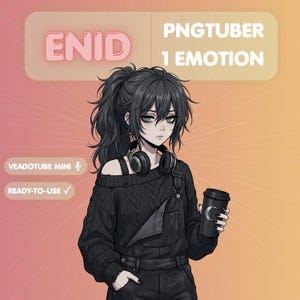 Könnte beinhalten: Digitale Illustration einer Figur namens Enid, ein PNGtuber mit 1 Emotion, mit dunklem Haar im Pferdeschwanz, trägt einen schwarzen Zopfmuster-Pullover, eine Latzhose und Kopfhörer. Die Figur hält einen schwarzen Becher mit einem Halbmond-Symbol.