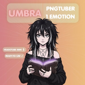 May include: An anime-style character with black hair and white highlights, wearing a black off-shoulder sweater and layered necklaces, holding an open book with a glowing purple light. Text reads UMBRA, PNGTUBER 1 EMOTION, VEADOTUBE MINI, READY-TO-USE.
