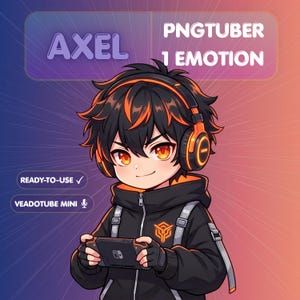 Peut inclure: Une illustration numérique d'un personnage nommé Axel, un PNGtuber avec 1 émotion. Le personnage a des cheveux noirs avec des reflets orange, porte un casque orange et noir et un sweat à capuche noir. Il tient une console de jeu portable.