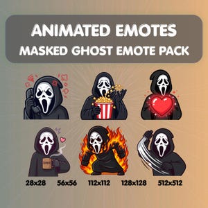 May include: A digital emote pack featuring six illustrations of a masked ghost character in a black hooded robe. The character is shown holding a telephone, eating popcorn, holding a red heart, drinking coffee, surrounded by flames, and wielding a knife. Text reads: ANIMATED EMOTES MASKED GHOST EMOTE PACK.