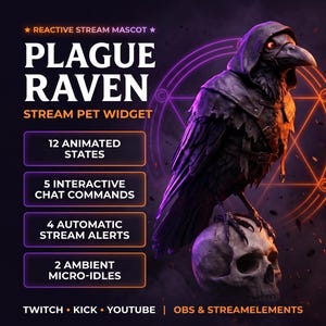 May include: A digital graphic featuring a hooded raven perched on a skull with glowing red eyes. Text reads: Reactive Stream Mascot, Plague Raven, Stream Pet Widget, 12 Animated States, 5 Interactive Chat Commands, 4 Automatic Stream Alerts, 2 Ambient Micro-Idles, Twitch, Kick, Youtube, OBS & Streamelements.