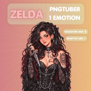 May include: A digital illustration of a character named Zelda, a PNGtuber with one emotion, featuring long dark hair with red highlights, wearing a black lace corset, choker, and gloves, holding a silver dagger with a red gem, and a wolf tattoo.