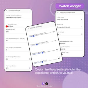 Op de afbeelding: Schermafbeeldingen van een Twitch-widgetinterface met aanpassingsopties. De interface toont instellingen voor berichtindeling, neonkleur, machinetegrootte en klauwformaat. De tekst "Pas deze instellingen aan om de ervaring volledig op uzelf af te stemmen" is ook zichtbaar.
