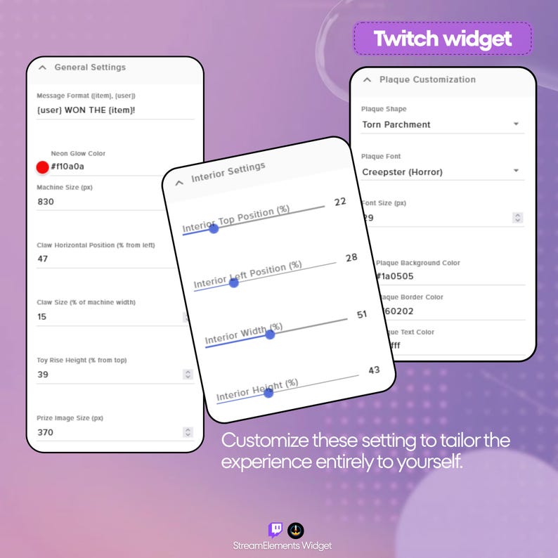 Op de afbeelding: Schermafbeeldingen van een Twitch-widgetinterface met aanpassingsopties. De interface toont instellingen voor berichtindeling, neonkleur, machinetegrootte en klauwformaat. De tekst "Pas deze instellingen aan om de ervaring volledig op uzelf af te stemmen" is ook zichtbaar.