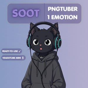 Può includere: Un'illustrazione digitale di un personaggio gatto nero che indossa una felpa grigio scuro e cuffie nere con accenti color ottanio. Il personaggio ha una collana a lisca di pesce. Testo: SOOT, PNGTUBER 1 EMOTION, READY-TO-USE e VEADOTUBE MINI.