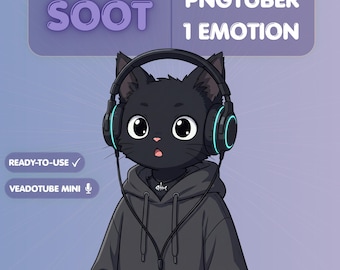 Black Cat PNGTuber Model, Anime Chibi Veadotube Mini, Cozy Gamer Streamer Avatar, Twitch YouTube Kick, Premade PNG Tuber
