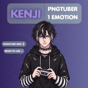 May include: A digital illustration of a character named Kenji, a PNGtuber with black hair featuring white streaks, blue eyes, and a lip piercing. The character wears a black distressed hoodie, a spiked choker, and holds a black cassette tape.