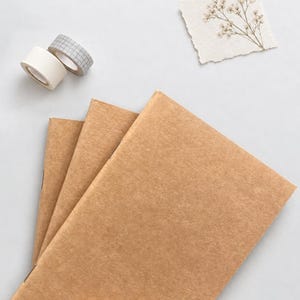 Puede incluir: Tres cuadernos rectangulares con cubiertas de papel kraft marrón liso están apilados en diagonal. Cerca hay dos rollos de cinta adhesiva, uno blanco sólido y otro con un patrón de cuadrícula gris, además de un pequeño papel con una ilustración floral.