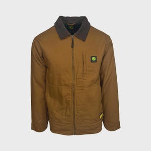 May include: A brown canvas work jacket featuring a dark brown corduroy collar, a full-length front zipper, and two lower front pockets. A small square John Deere logo patch is located on the left chest, with a matching yellow tag on the hem.