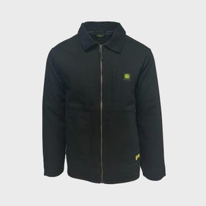 May include: A black zip-up jacket featuring a dark corduroy collar, long sleeves, and a vertical zippered chest pocket. A small square John Deere logo patch is visible on the left chest, and a yellow rectangular brand tag is on the lower left hem.