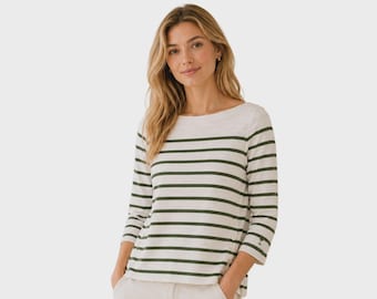 Tommy Bahama Women's White Top Bliss Stripe 3/4-Sleeve Coconut (S11) Gift