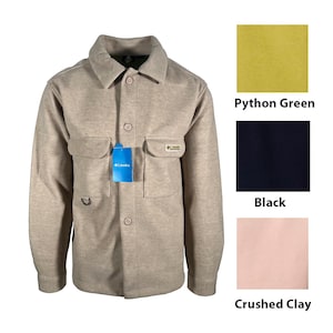 May include: A beige long-sleeve button-up shirt with a collar, two chest pockets, and a Columbia brand tag. To the right, color swatches are labeled Python Green, Black, and Crushed Clay, showing the available color options for this garment.