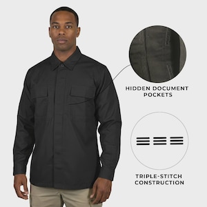 May include: A black long-sleeve button-down shirt featuring a classic collar, two front chest pockets, and a buttoned placket. The image includes callouts for hidden document pockets and triple-stitch construction details for the garment.