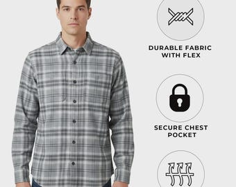 May include: A long-sleeve button-down shirt in a grey and white plaid pattern. To the right, three circular icons feature text: Durable Fabric with Flex, Secure Chest Pocket, and Breathable, accompanied by symbols of barbed wire, a lock, and arrows.