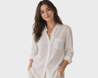 Camisa blanca de manga larga para mujer Tommy Bahama Shoreline de algodón estilo boyfriend (S07) Regalo