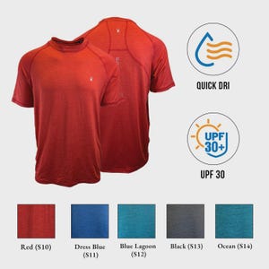 May include: A red short-sleeve crew neck t-shirt with a small white logo on the chest. The image includes icons for QUICK DRI and UPF 30+ protection, along with colour swatches labelled Red, Dress Blue, Blue Lagoon, Black, and Ocean.