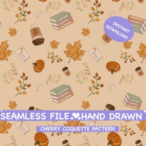 Peut inclure: Un motif numérique répétitif sur fond beige clair avec des illustrations dessinées à la main de citrouilles orange, de piles de trois livres, de tasses à café, de feuilles d'automne, de brindilles à baies et de listes avec le texte cozy fall days.