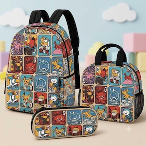 Zestaw plecaków Pokemon, torba szkolna w stylu retro anime, torba na lunch i piórnik, plecak z postacią Kawaii, prezent na powrót do szkoły, artykuły szkolne