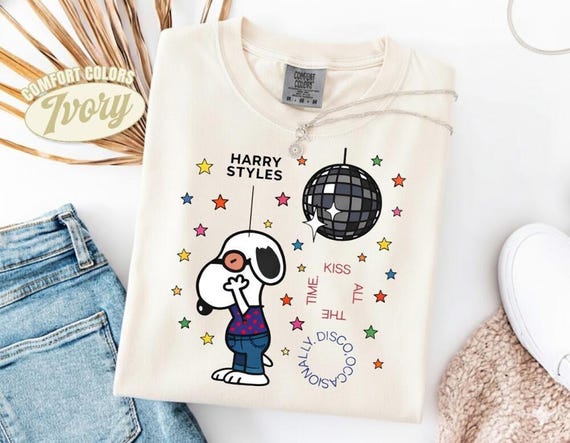 Comfort Colors Snoopy Harry Styles Shirt, Kiss All The Time Disco Ball Tee, Love On Tour Merch, Retro Music Fans Gift, Vintage Cartoon Shirt