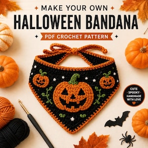May include: A black crochet bandana featuring orange jack-o'-lantern motifs, green vines, and white stars. The text reads MAKE YOUR OWN HALLOWEEN BANDANA PDF CROCHET PATTERN. A crochet hook, orange yarn, black yarn, and decorative pumpkins are visible.