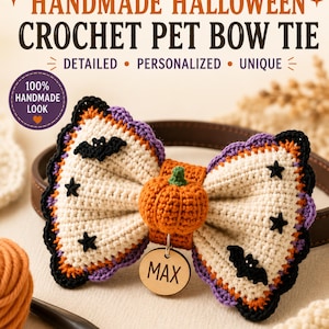 May include: A handmade crochet pet bow tie featuring a cream-colored center with black bat and star appliques, bordered by orange and purple yarn. An orange crochet pumpkin sits in the middle, attached to a brown collar with a round tag reading MAX.