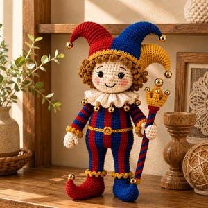 Puede incluir: Una muñeca de bufón tejida a ganchillo con un traje de rayas rojas y azules, un sombrero a juego de tres puntas con cascabeles dorados y cabello castaño rizado. La muñeca tiene un cuello blanco con volantes, mejillas rosadas y un cetro.