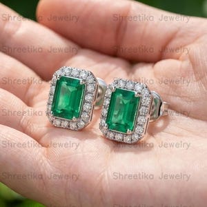 Emerald Green Stud Earrings, Sterling Silver CZ Halo Crystal Art Deco Earring, Bridal Jewelry Gift For Friend