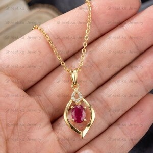 Ruby Brilliant Oval Cut Necklace 925 Sterling Silver Open Leaf Pendant Minimalist Birthstone Jewelry Gift For Wife