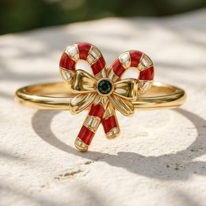 20k Gold Christmas Candy Cane Ring Ruby Bow Minimalist Winter Holiday Jewelry Thanksgiving Gift