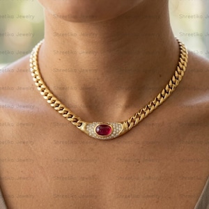 14K Gold Red Gemstone Vintage Minimalist Necklace Ruby Waterproof Pendant Chain Hypoallergenic 14-22 inches