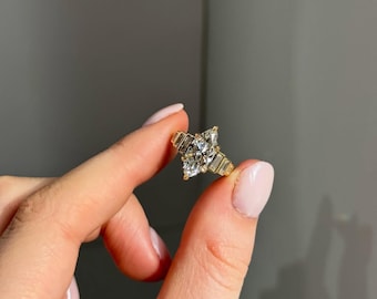 2.33 CT Marquise Cut Lab Grown Diamond Engagement Ring, Baguette Side Stone Ring, Yellow Gold Solitaire Ring, Art Deco Bridal Ring