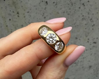 3 Stone Diamond Ring, Round Cut Lab Grown Diamond Ring, Bezel Set Gold Ring, Statement Engagement Ring, Modern Anniversary Gift for Her