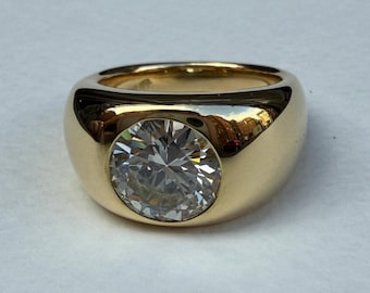 3,00 CT rundslipad diamantring med labbodling, djärv kupolring, solitärring med bezelinfattning, 14K gult guld, modern lyxig förlovningsring