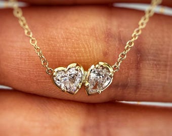 3,00 CT hjärt- och päronslipad diamanthalsband med labbodling, diamanthänge med två stenar, 14K gult guld, minimalistiska diamantsmycken, romantisk present