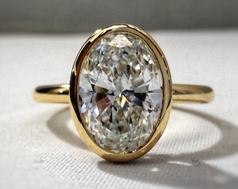 3,00 CT ovalslipad diamantring i labbodlad form, förlovningsring med solitaire och bezel, minimalistisk oval diamantring, brudring i 14 karat gult guld