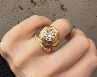 3,00 CT rundslipad diamantring, art déco-signetring, förlovningsring med bezelinfattning, solitärring i 14 karat gult guld, unik ring