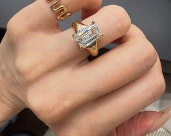 3.00 CT Emerald Cut Lab Grown Diamond Ring, Gold Solitaire Engagement Ring, Cathedral Setting Diamond Ring, Unique Bridal Jewelry