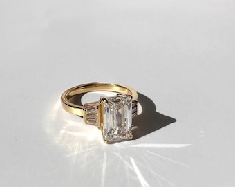 Emerald Cut Diamond Ring 3.50 CT,Three Stone Engagement Ring, Trapezoid Side Diamonds, 14 Yellow Gold Lab Grown Ring, Luxury Bridal Ring