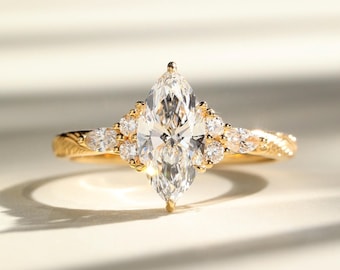 2.50 CT Marquise Cut Lab Grown Diamond Ring, Cluster Engagement Ring, Yellow Gold Diamond Ring, Unique Bridal Ring, Anniversary Gift for Her