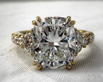 3,00 CT kuddslipad diamantförlovningsring, trestensring, halvmåneformade stenar, 14K gult guld, IGI-certifierad brudring