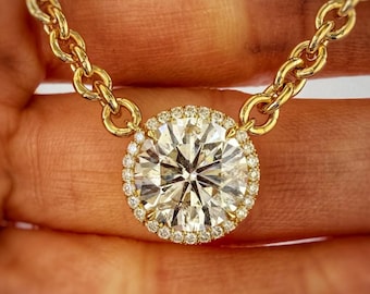 1,00 till 3,00 CT rundslipad diamanthalohänge, IGI-certifierat 14K gult guld, jubileumspresent