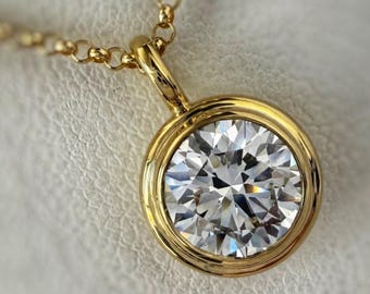 3,00 CT rundslipad halsband med labbodlad diamant och bezel, 14K gult guld, minimalistiskt diamanthalsband, vardagssmycke