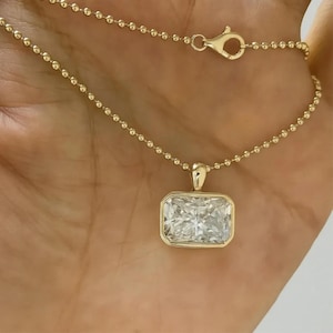 3.00 CT East West Lab Grown Diamond Radiant Cut Pendant, Bezel Set 14K Yellow Gold Charm, Alternative Pendant, Anniversary Gift for Women.