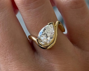 3,00 CT päronslipad diamantring, IGI-certifierad, 14K gult guldring, minimalistisk förlovningsring, unik solitär diamantring