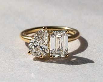 4.10 TC Elongated Pear & Emerald Cut Lab Grown Ring,14k Solid Yellow Gold,Toi Et Moi Ring,1.8 MM Solitaire Band,You N Me Wedding Ring/Gifts