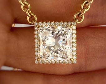1,00 till 3,00 CT Princess Cut Lab Grown Diamond Halo-hänge, IGI-certifierat fyrkantigt diamanthalsband, 14K gult guld, jubileumspresent